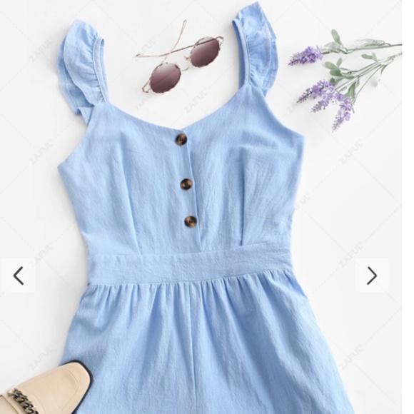 Ruffle Button Placket Romper - Blue M - Picture 1 of 4